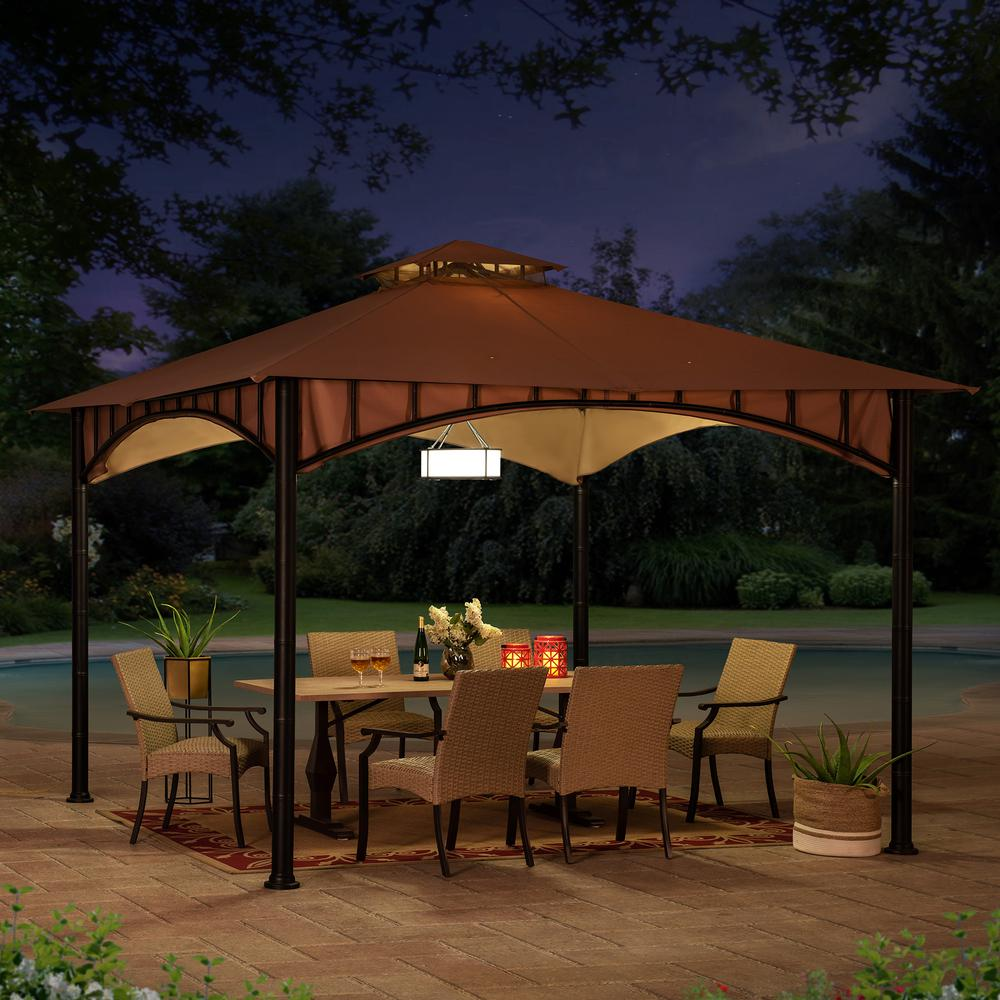 Outdoor Patio Black Bamboo Shape Steel Frame 2-Tier Soft Top Gazebo with Canopy