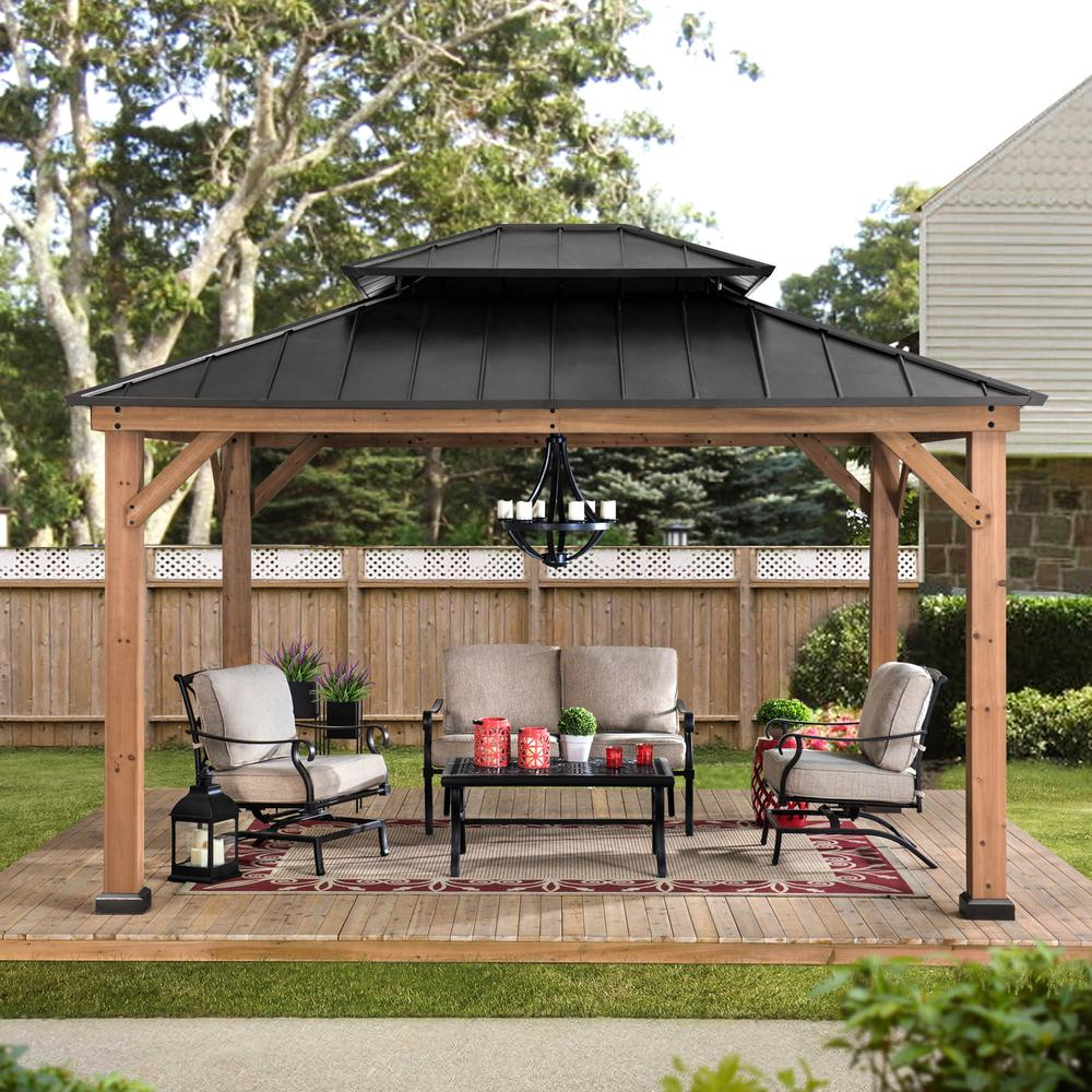 Outdoor Patio Cedar Framed Gazebo with Double Steel Hardtop Roof for Garden