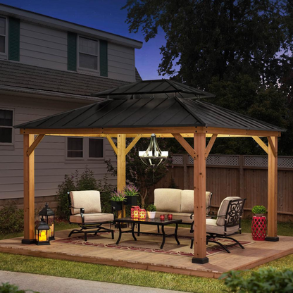 Outdoor Patio Cedar Framed Gazebo with Double Steel Hardtop Roof for Garden