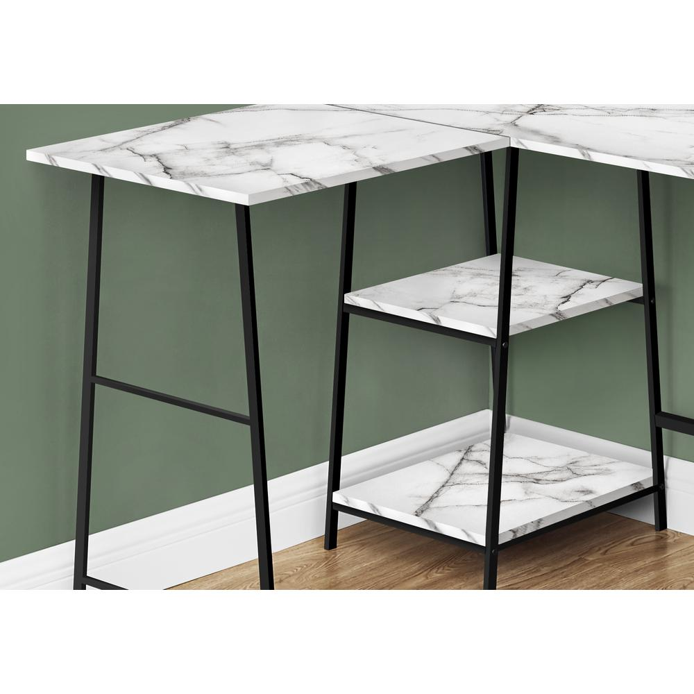 Industrial-Style L-Shaped Computer Desk with Storage Shelves - White Marble Finish