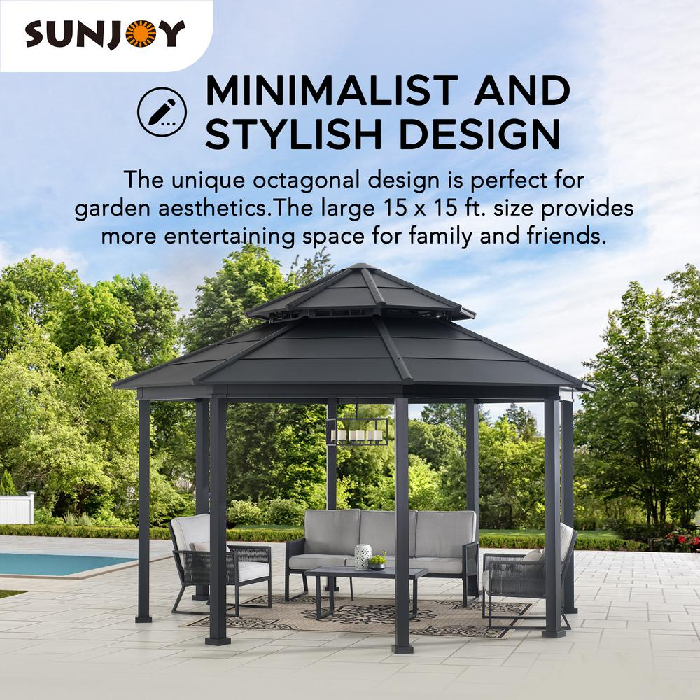 Sunjoy 15 x 15 ft. Outdoor Hardtop Octagon Double Tiered Metal Gazebo