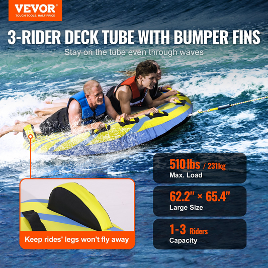 VEVOR Towable Tube for Boating, 1-3 Riders Inflatable Towable Tube with Bumper Fins, 510 lbs Water Sport Towable Tubes for Boats to Pull, Full Nylon Cover, EVA Grab Handles and Speed Safety Valve