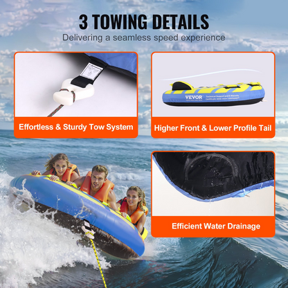 VEVOR Towable Tube for Boating, 1-3 Riders Inflatable Towable Tube with Bumper Fins, 510 lbs Water Sport Towable Tubes for Boats to Pull, Full Nylon Cover, EVA Grab Handles and Speed Safety Valve