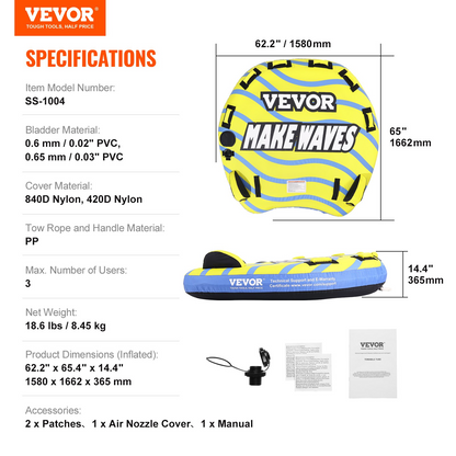 VEVOR Towable Tube for Boating, 1-3 Riders Inflatable Towable Tube with Bumper Fins, 510 lbs Water Sport Towable Tubes for Boats to Pull, Full Nylon Cover, EVA Grab Handles and Speed Safety Valve