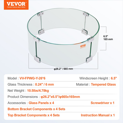 VEVOR Fire Pit Wind Guard, 26 x 26 x 6 Inch Glass Flame Guard