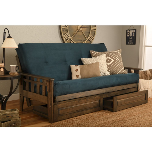 Tacoma Frame - Rustic Walnut Finish - Suede Navy Mattress - Storage Drawers | Upgrade Your Space