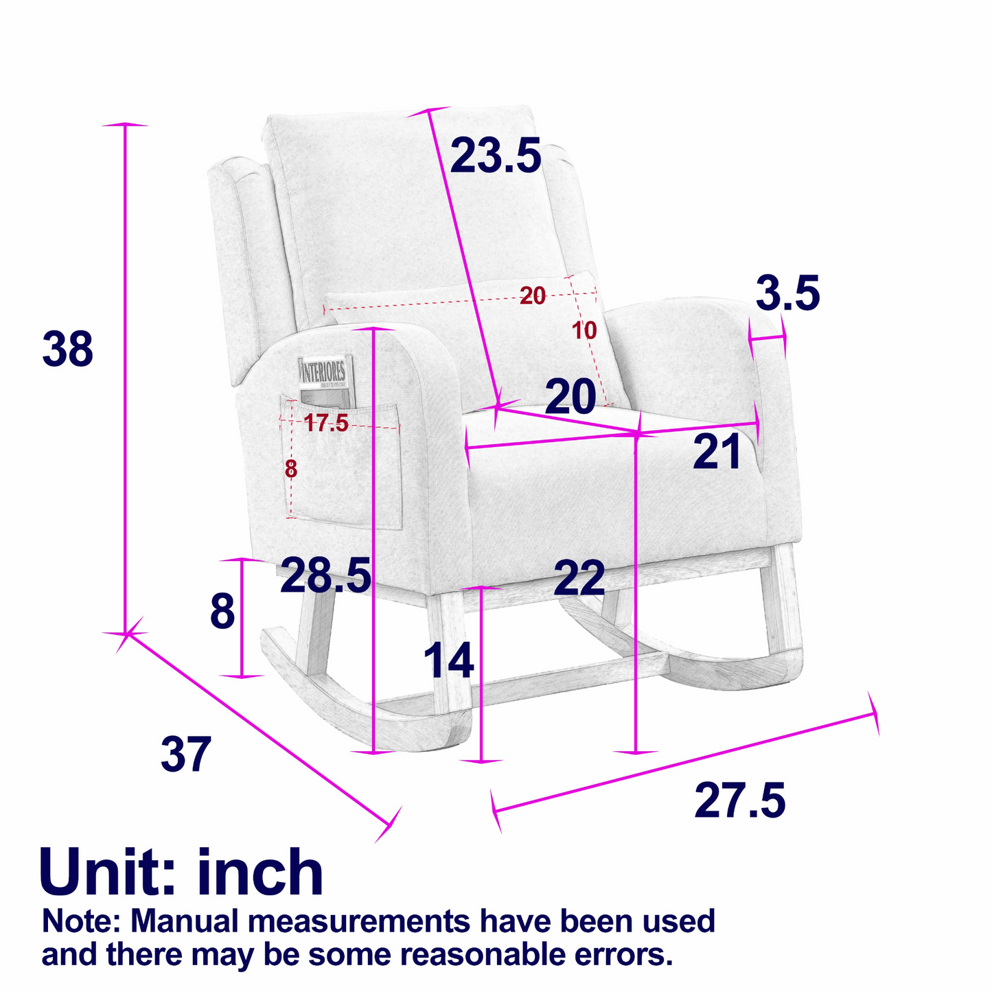 27.5"W Modern Accent High Back Living Room Casual Armchair Rocker with Lumbar Pillow and Side Pockets