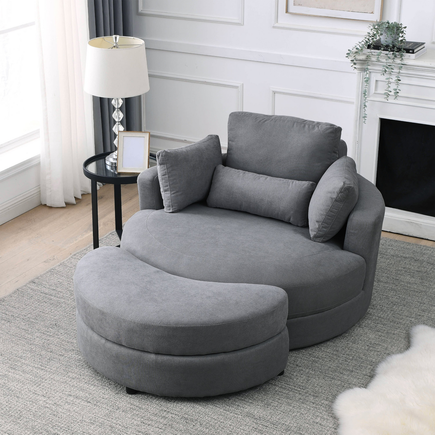 Modern Swivel Chair with Storage Ottoman – Wide Seat, Soft Fabric, 350 lbs