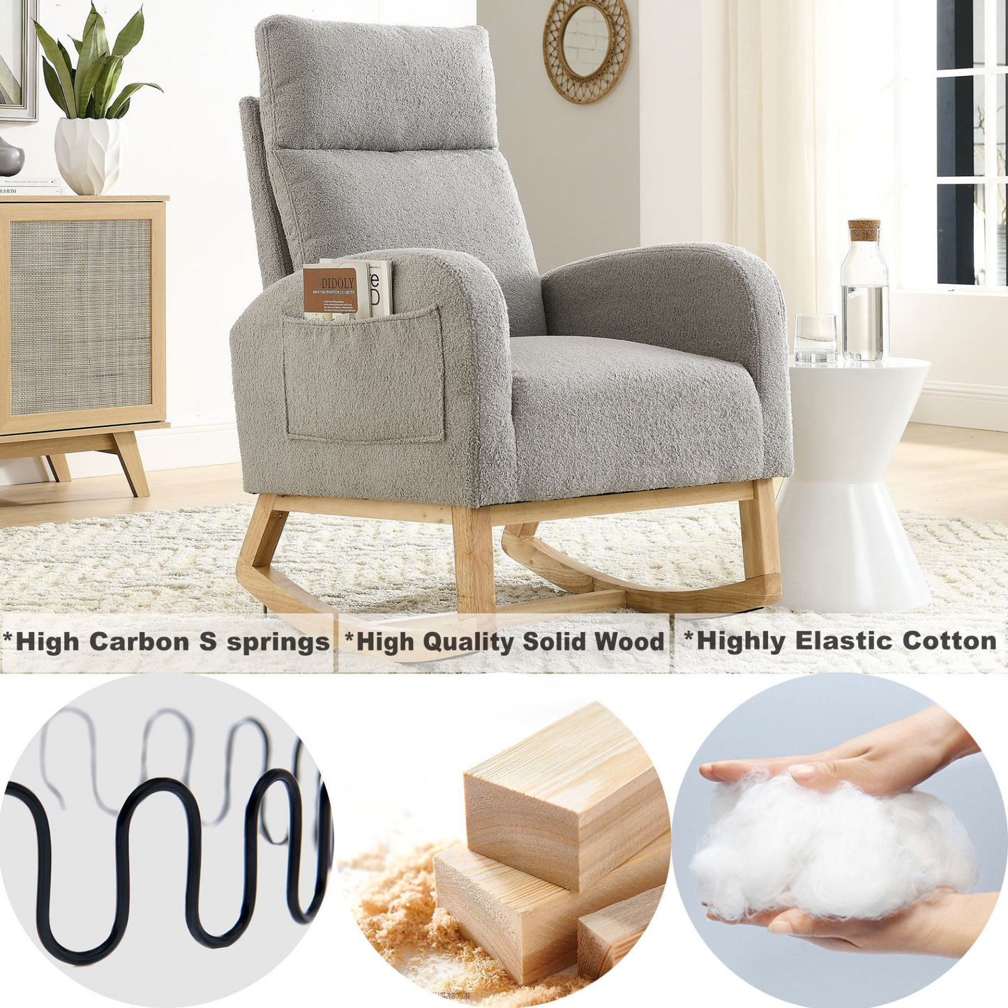 27.6"W Modern Accent High Backrest Living Room Lounge Arm Rocking Chair, Two Side Pocket