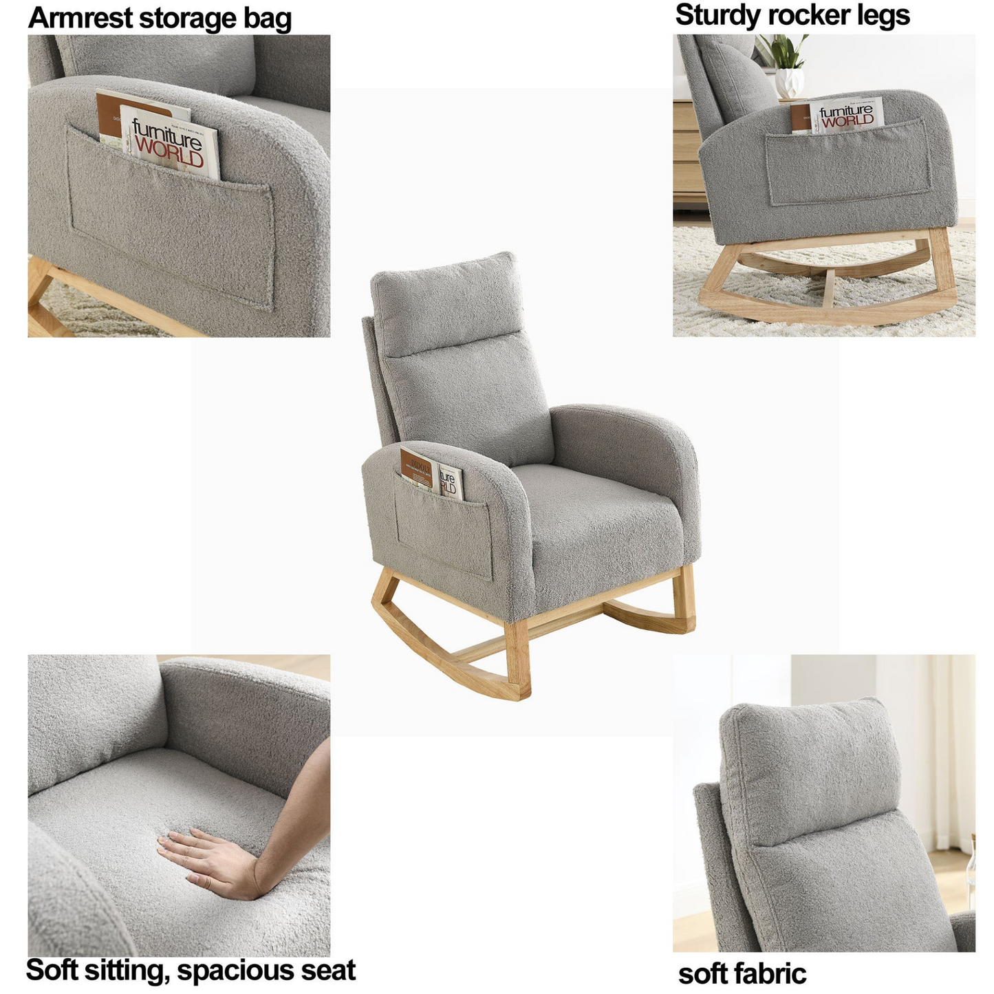 27.6"W Modern Accent High Backrest Living Room Lounge Arm Rocking Chair, Two Side Pocket