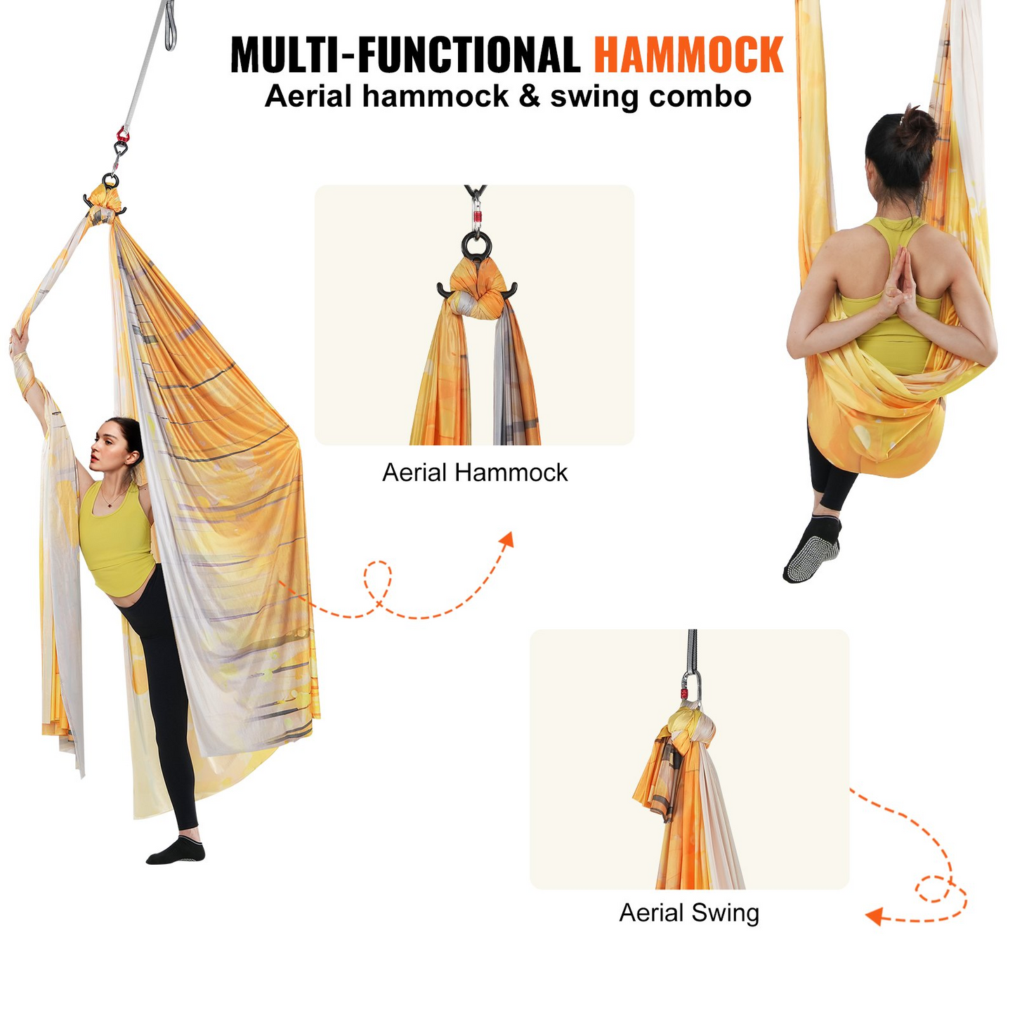 VEVOR Aerial Yoga Hammock & Swing, 5.5 Yards, Aerial Yoga Starter Kit with 100gsm Nylon Fabric, Full Rigging Hardware & Easy Set-up Guide, Antigravity Flying for All Levels Fitness Bodybuilding, Gold