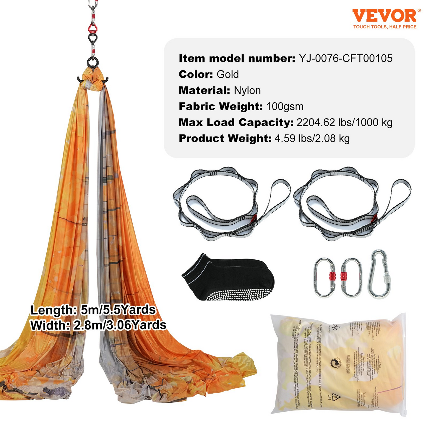 VEVOR Aerial Yoga Hammock & Swing, 5.5 Yards, Aerial Yoga Starter Kit with 100gsm Nylon Fabric, Full Rigging Hardware & Easy Set-up Guide, Antigravity Flying for All Levels Fitness Bodybuilding, Gold