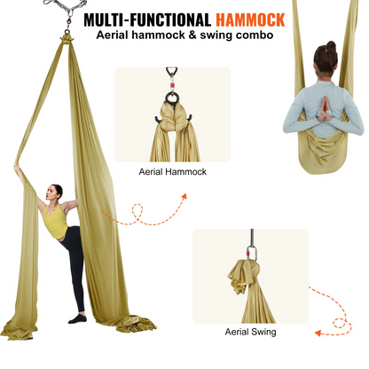 VEVOR Aerial Yoga Hammock & Swing, 4.4 Yards, Aerial Yoga Starter Kit with 100gsm Nylon Fabric, Full Rigging Hardware & Easy Set-up Guide, Antigravity Flying for All Levels Fitness Bodybuilding, Gold