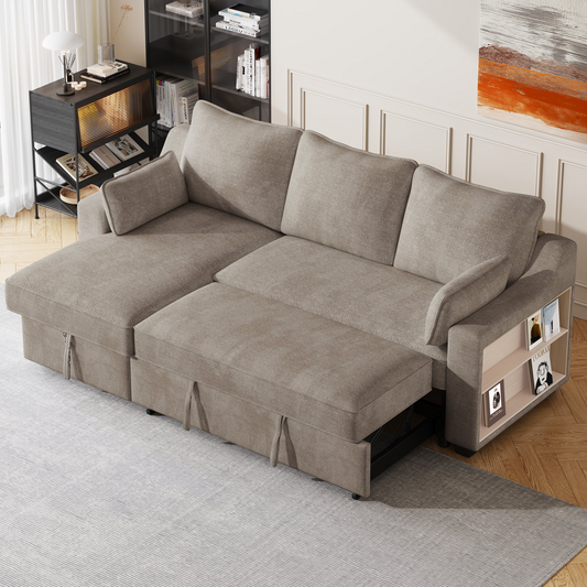 90" Pull Out Sleeper Sofa L-Shaped Couch | Convertible Sofa Bed with Storage Chaise, Racks, and USB Ports - Light Brown