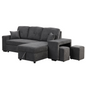 Reversible Sleeper Sectional Sofa Bed with Side Shelf and 2 Stools - Blue Black - Versatile and Functional