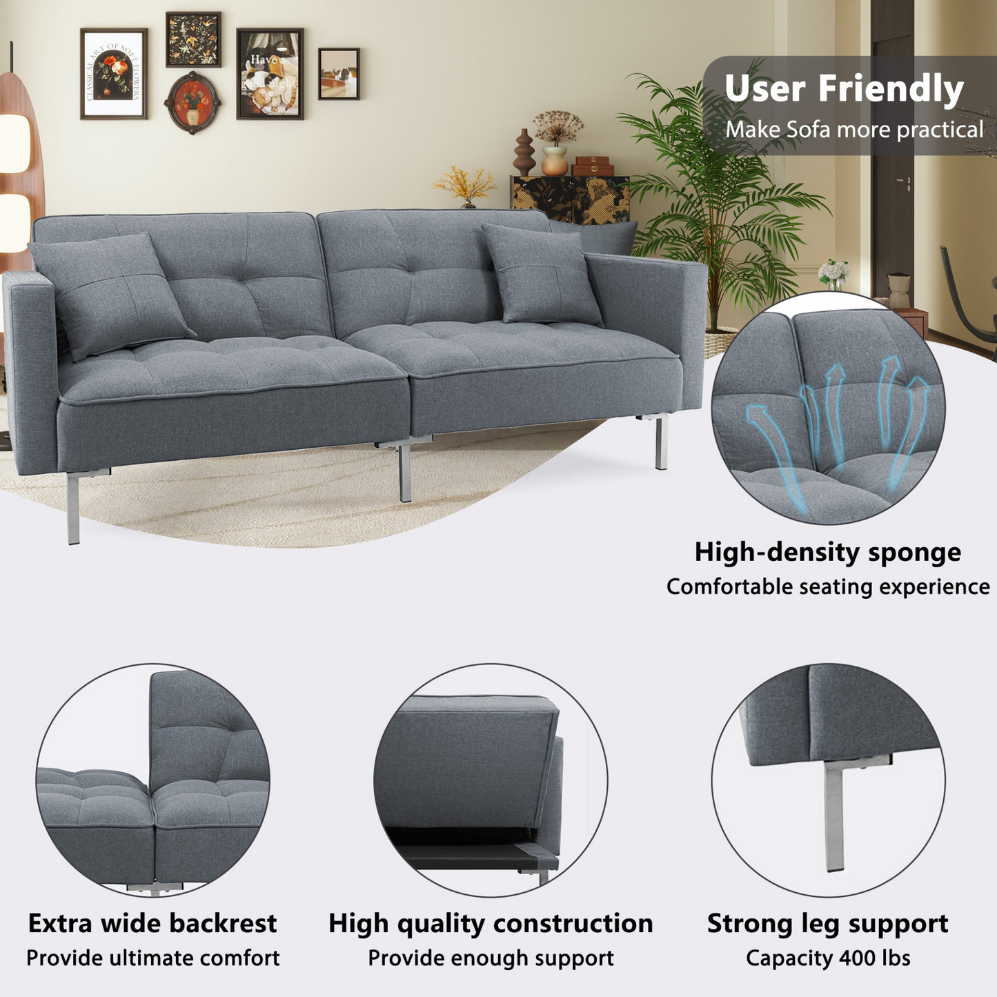 Modern Convertible Folding Futon Sofa Bed - Linen Upholstered, Multiple Adjustable Positions, Sturdy Frame, Perfect for Small Spaces