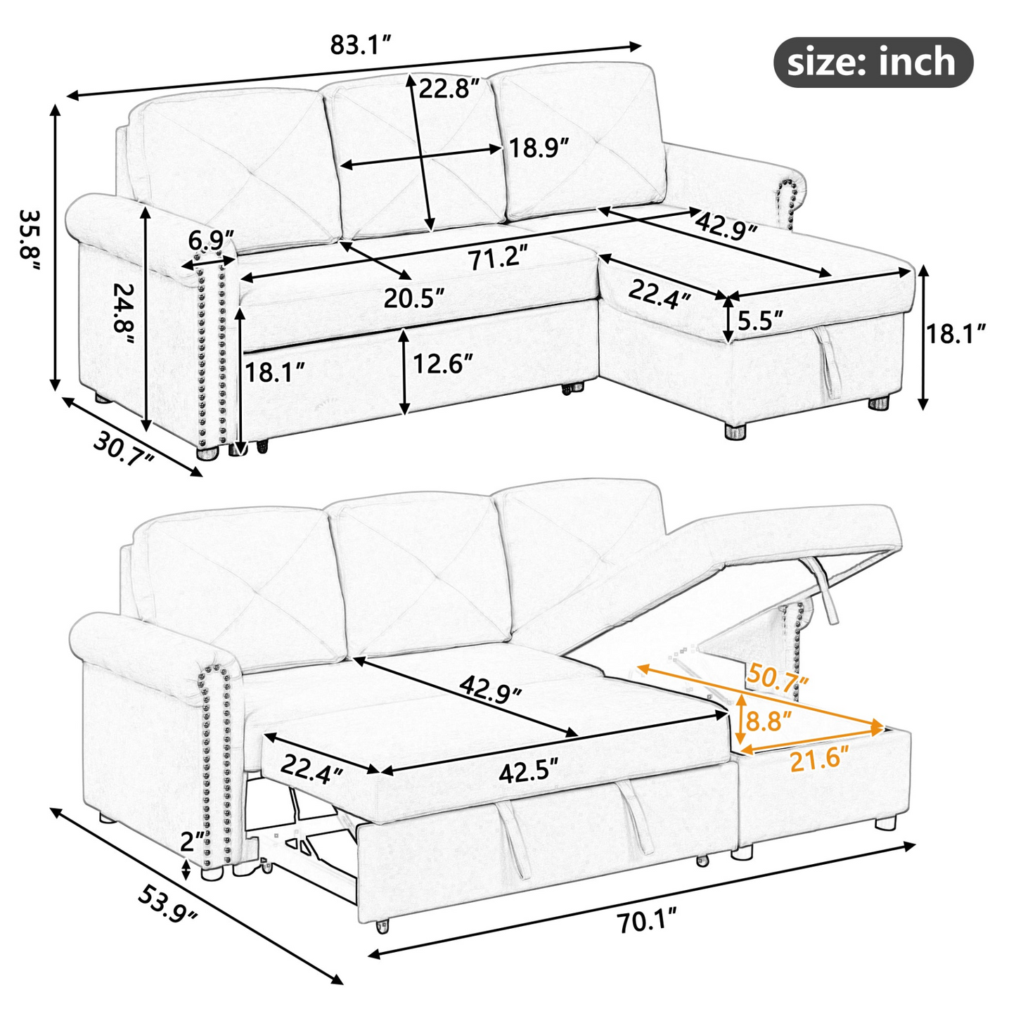 83" Modern Convertible Sleeper Sofa Bed with Storage Chaise, Beige