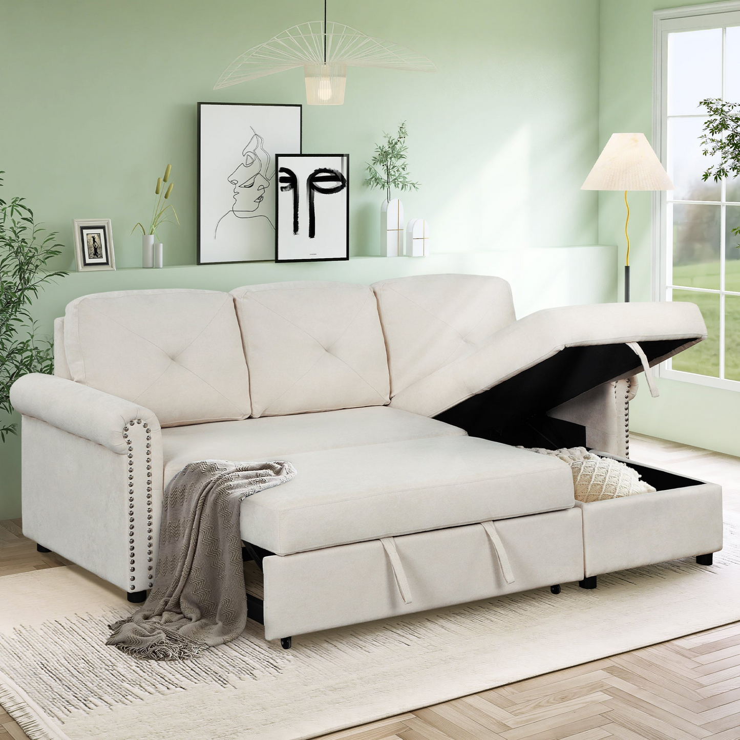 83" Modern Convertible Sleeper Sofa Bed with Storage Chaise, Beige