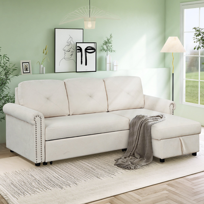 83" Modern Convertible Sleeper Sofa Bed with Storage Chaise, Beige