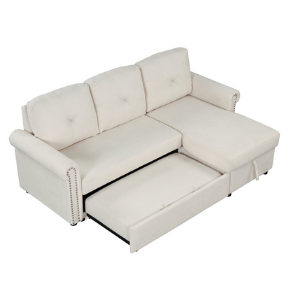 83" Modern Convertible Sleeper Sofa Bed with Storage Chaise, Beige