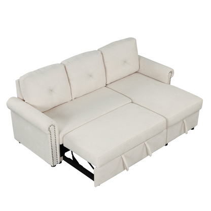 83" Modern Convertible Sleeper Sofa Bed with Storage Chaise, Beige