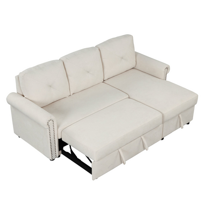 83" Modern Convertible Sleeper Sofa Bed with Storage Chaise, Beige