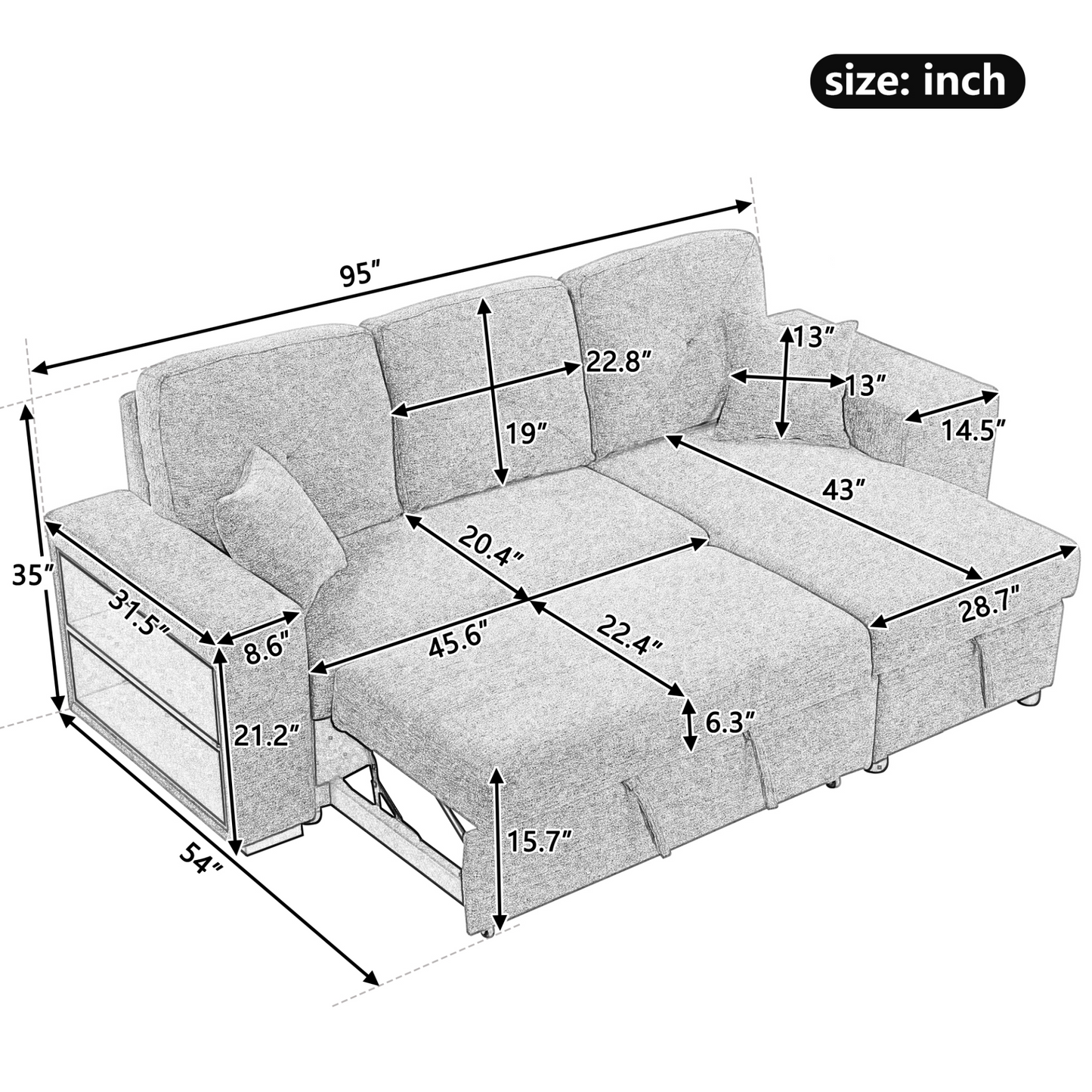 Reversible Sleeper Sectional Sofa Bed with Side Shelf and 2 Stools - Blue Black - Versatile and Functional