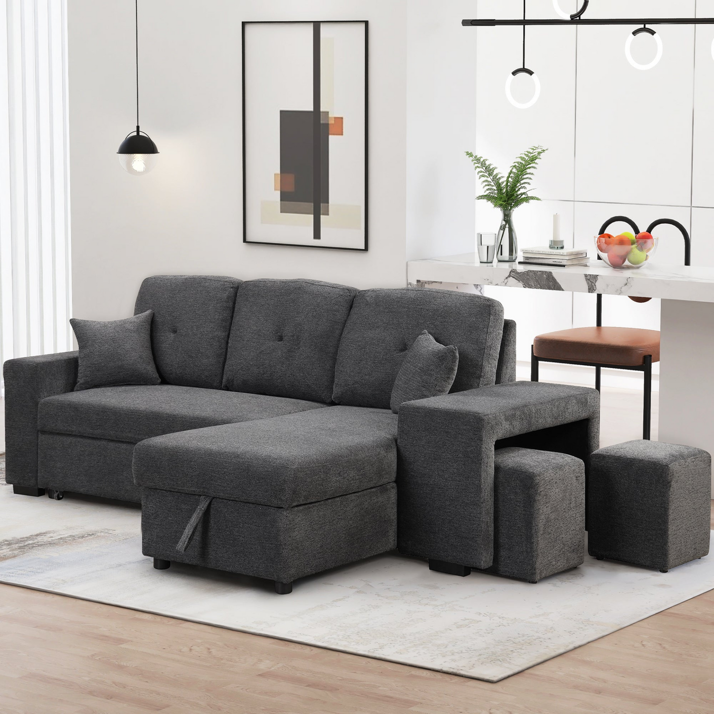 Reversible Sleeper Sectional Sofa Bed with Side Shelf and 2 Stools - Blue Black - Versatile and Functional