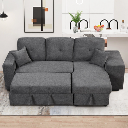 Reversible Sleeper Sectional Sofa Bed with Side Shelf and 2 Stools - Blue Black - Versatile and Functional