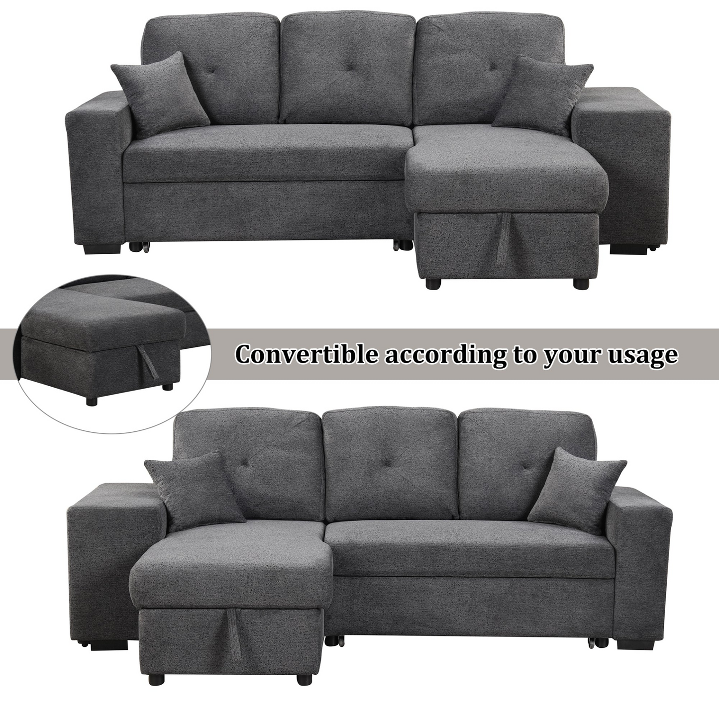 Reversible Sleeper Sectional Sofa Bed with Side Shelf and 2 Stools - Blue Black - Versatile and Functional