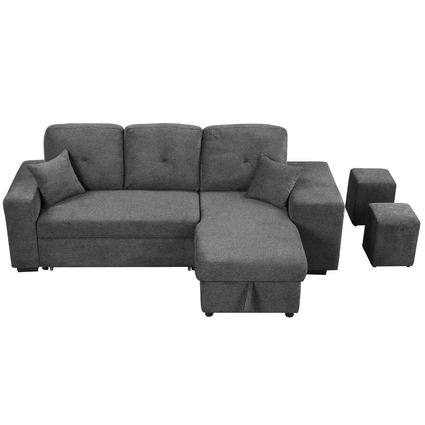 Reversible Sleeper Sectional Sofa Bed with Side Shelf and 2 Stools - Blue Black - Versatile and Functional