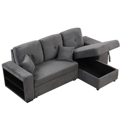 Reversible Sleeper Sectional Sofa Bed with Side Shelf and 2 Stools - Blue Black - Versatile and Functional