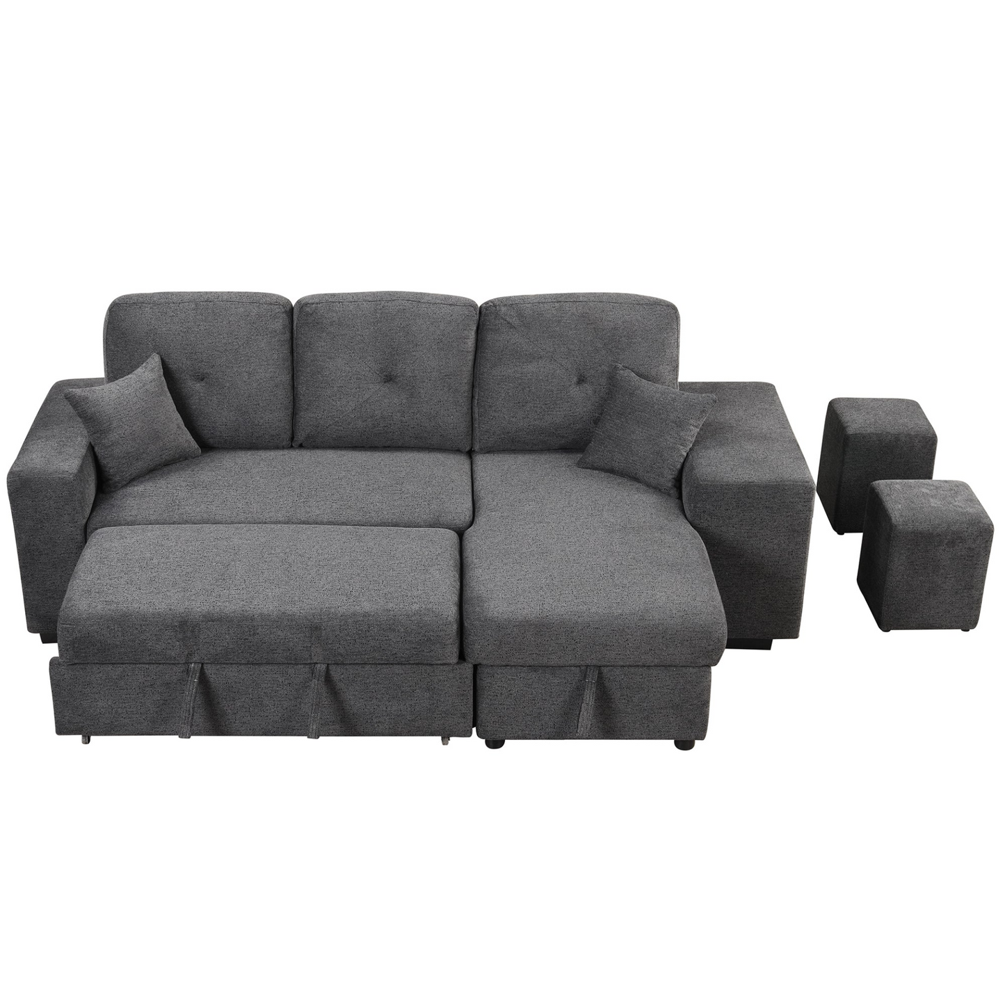 Reversible Sleeper Sectional Sofa Bed with Side Shelf and 2 Stools - Blue Black - Versatile and Functional