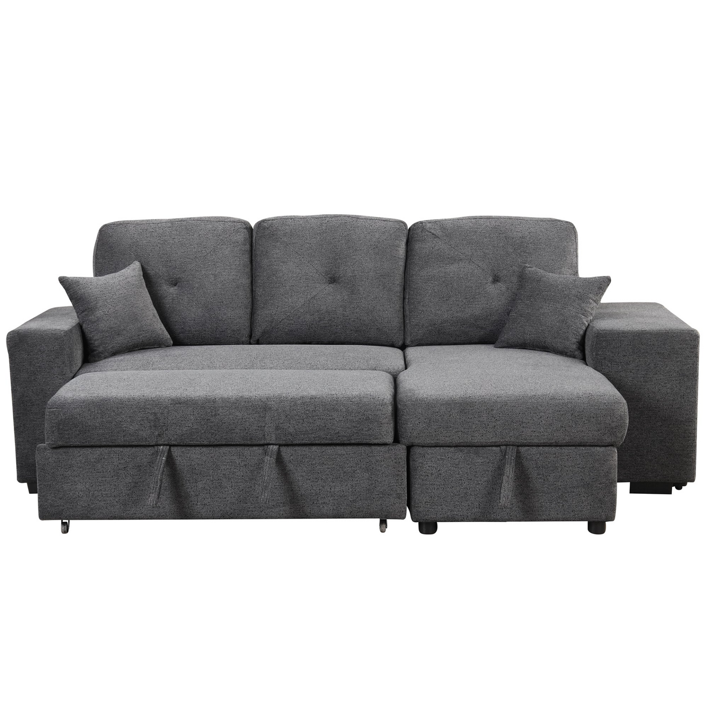 Reversible Sleeper Sectional Sofa Bed with Side Shelf and 2 Stools - Blue Black - Versatile and Functional