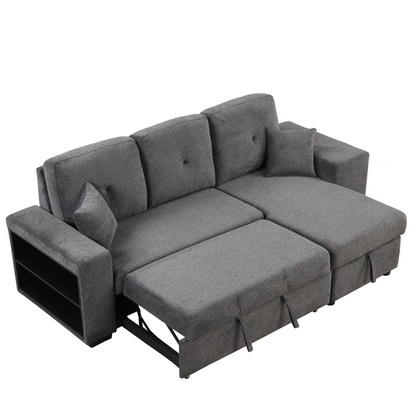 Reversible Sleeper Sectional Sofa Bed with Side Shelf and 2 Stools - Blue Black - Versatile and Functional