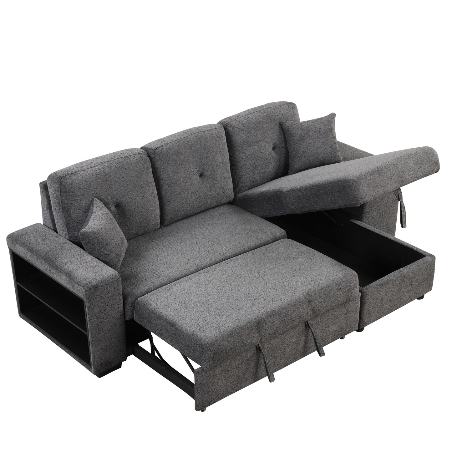 Reversible Sleeper Sectional Sofa Bed with Side Shelf and 2 Stools - Blue Black - Versatile and Functional