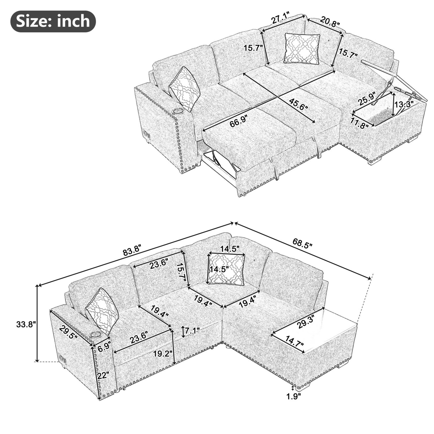 83.8" Sectional Pull-Out Sofa Bed L-Shaped Corner Sofa Couch with Storage Chaise, USB Ports, Power Sockets, Cup Holder - Black