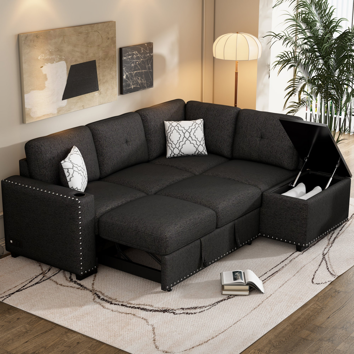 83.8" Sectional Pull-Out Sofa Bed L-Shaped Corner Sofa Couch with Storage Chaise, USB Ports, Power Sockets, Cup Holder - Black