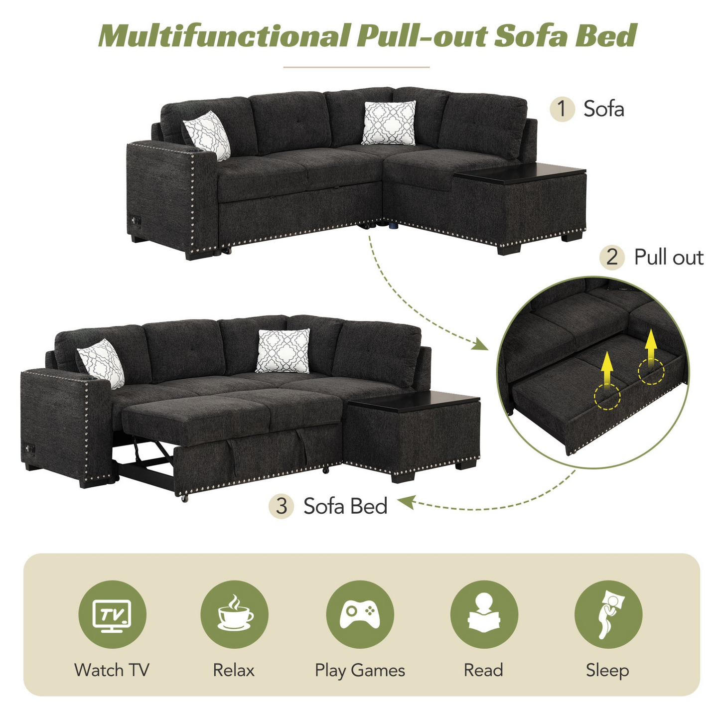 83.8" Sectional Pull-Out Sofa Bed L-Shaped Corner Sofa Couch with Storage Chaise, USB Ports, Power Sockets, Cup Holder - Black