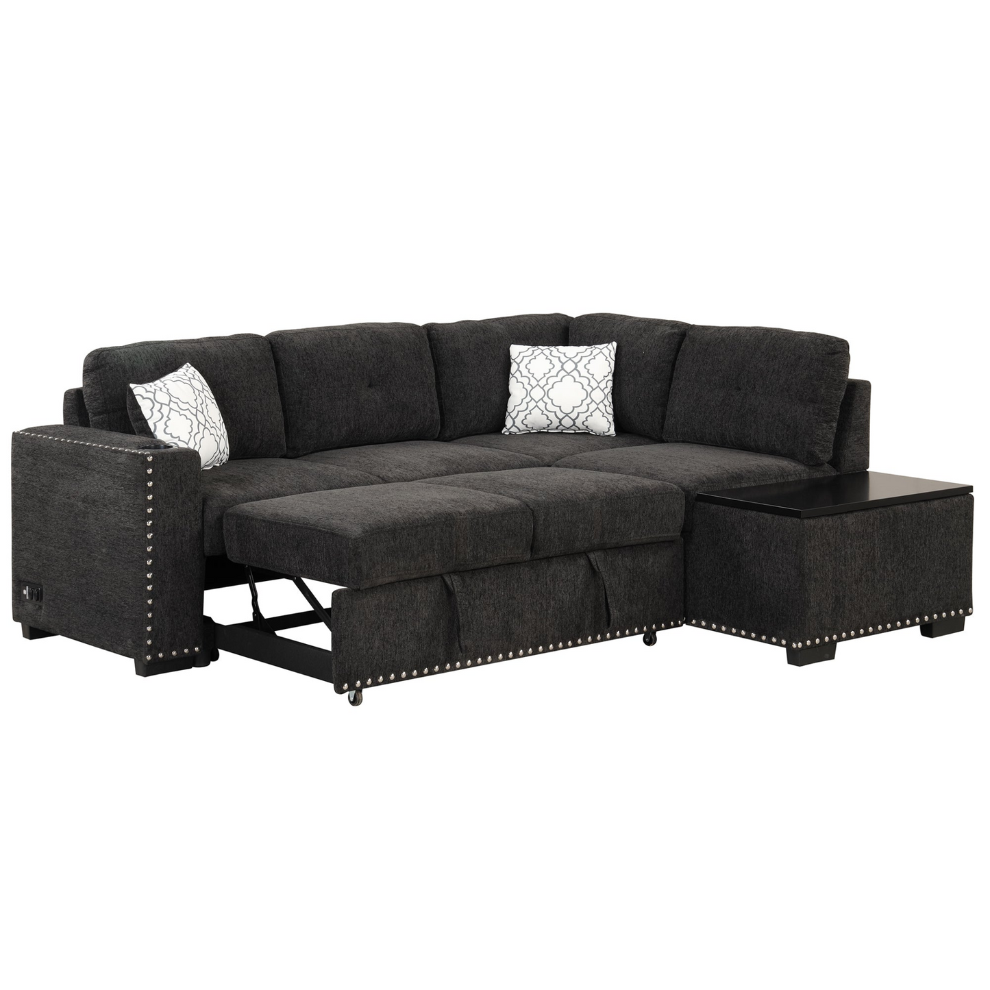 83.8" Sectional Pull-Out Sofa Bed L-Shaped Corner Sofa Couch with Storage Chaise, USB Ports, Power Sockets, Cup Holder - Black