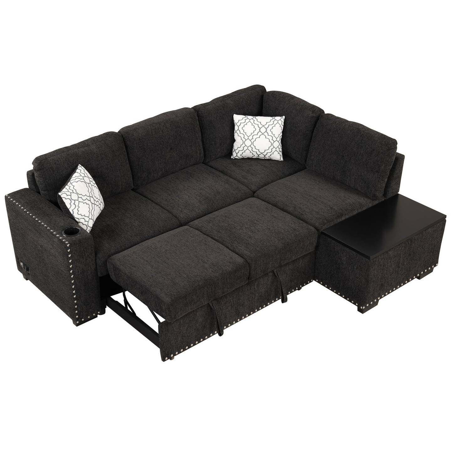 83.8" Sectional Pull-Out Sofa Bed L-Shaped Corner Sofa Couch with Storage Chaise, USB Ports, Power Sockets, Cup Holder - Black