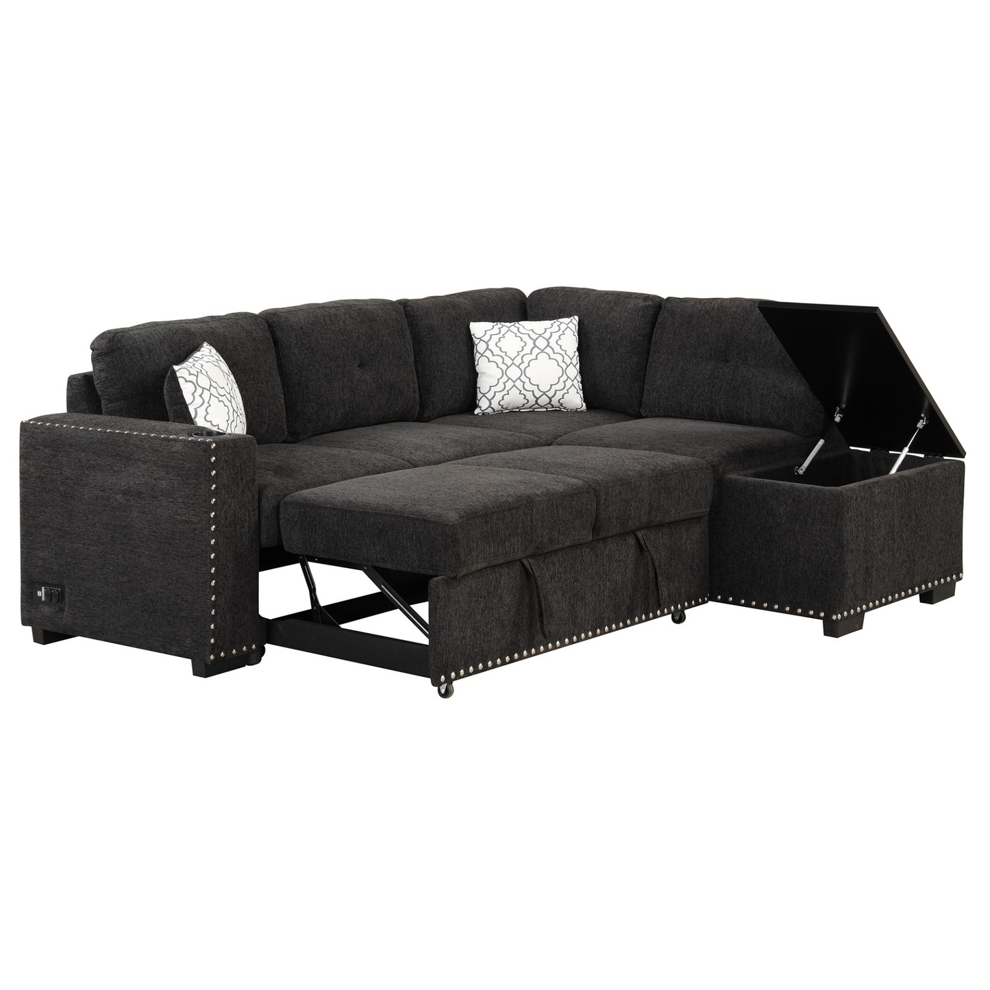 83.8" Sectional Pull-Out Sofa Bed L-Shaped Corner Sofa Couch with Storage Chaise, USB Ports, Power Sockets, Cup Holder - Black