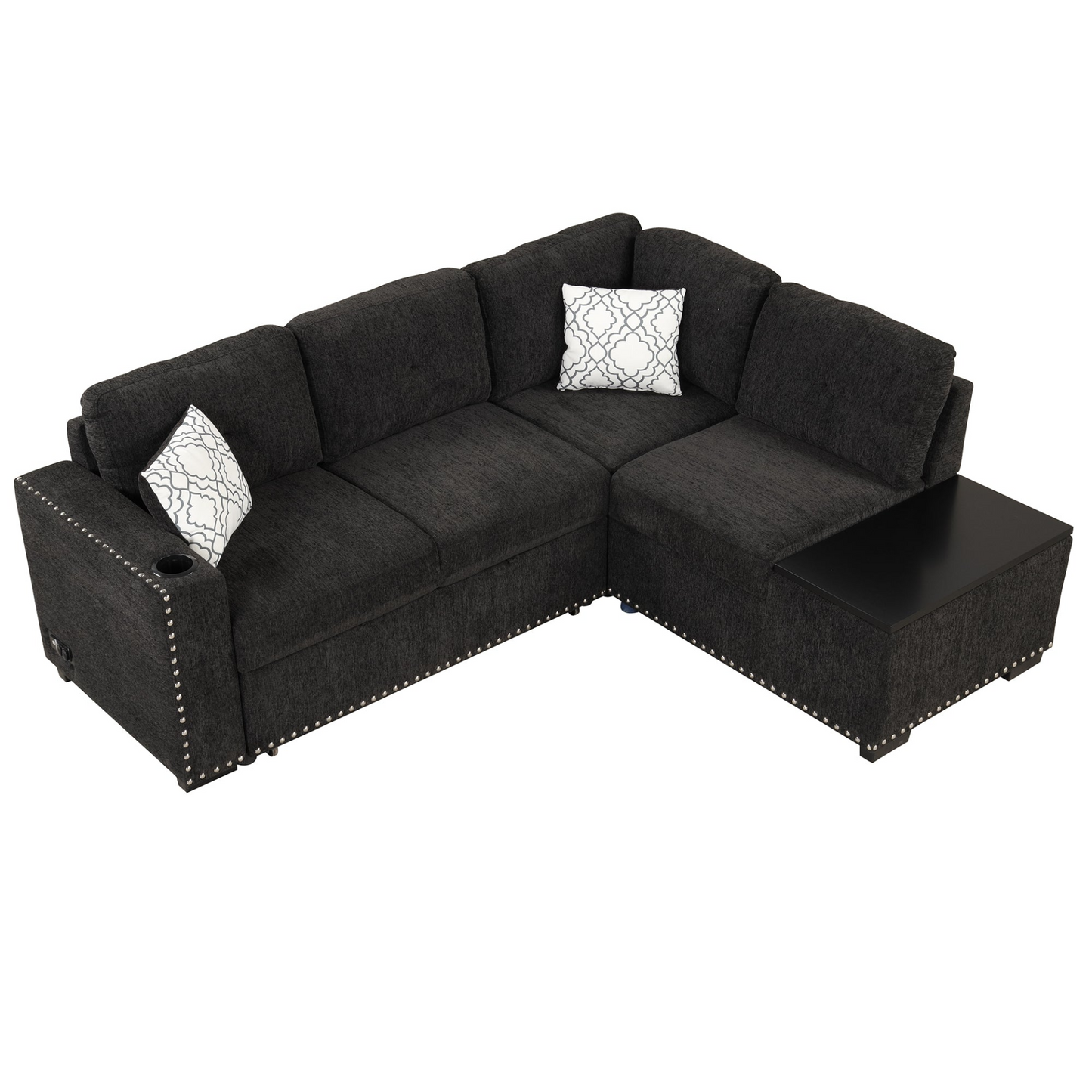 83.8" Sectional Pull-Out Sofa Bed L-Shaped Corner Sofa Couch with Storage Chaise, USB Ports, Power Sockets, Cup Holder - Black