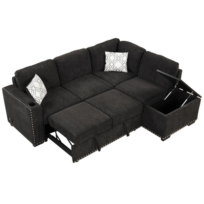 83.8" Sectional Pull-Out Sofa Bed L-Shaped Corner Sofa Couch with Storage Chaise, USB Ports, Power Sockets, Cup Holder - Black