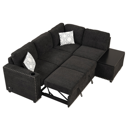 83.8" Sectional Pull-Out Sofa Bed L-Shaped Corner Sofa Couch with Storage Chaise, USB Ports, Power Sockets, Cup Holder - Black