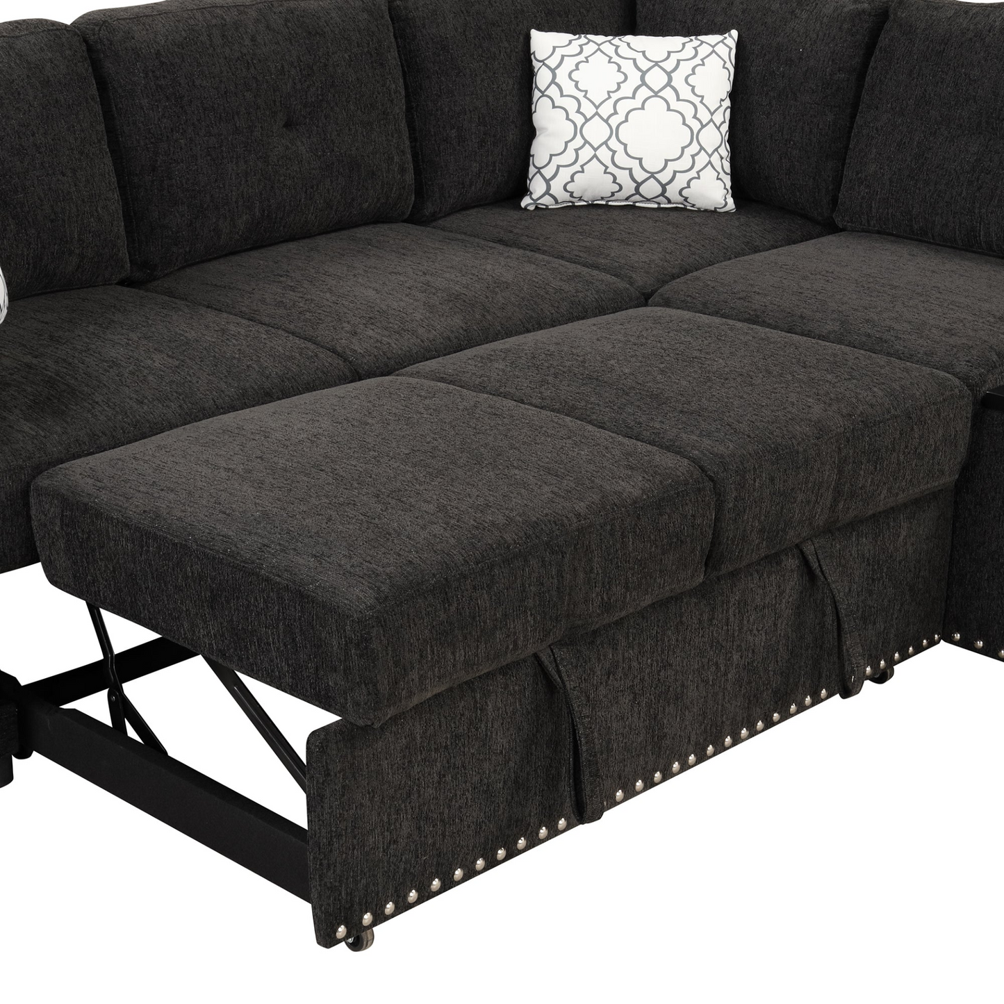 83.8" Sectional Pull-Out Sofa Bed L-Shaped Corner Sofa Couch with Storage Chaise, USB Ports, Power Sockets, Cup Holder - Black