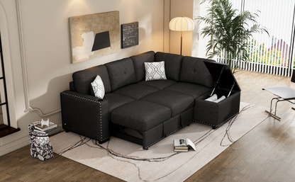 83.8" Sectional Pull-Out Sofa Bed L-Shaped Corner Sofa Couch with Storage Chaise, USB Ports, Power Sockets, Cup Holder - Black