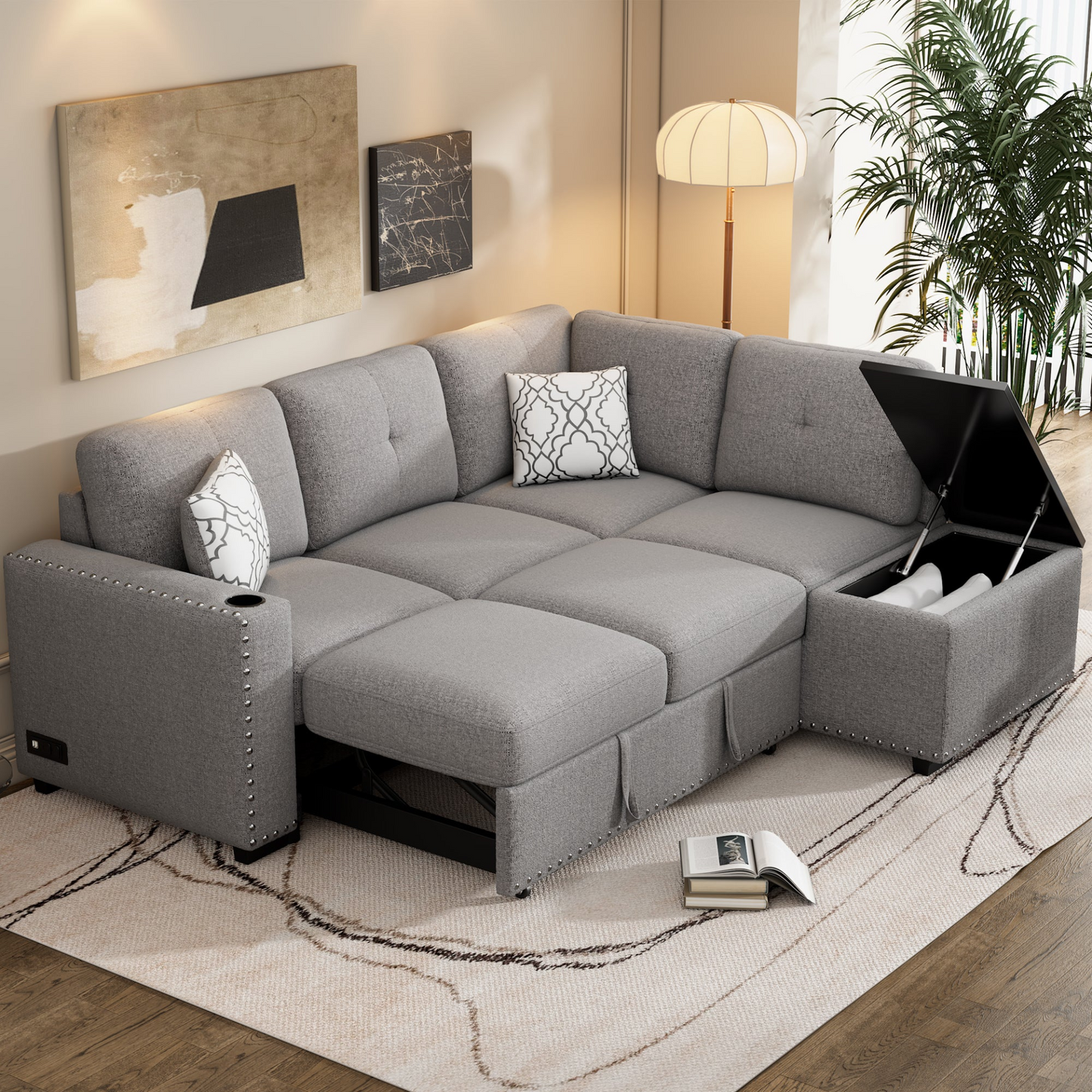 83.8" Sectional Pull-Out Sofa Bed L-Shaped Corner Sofa Couch with Storage Chaise, USB Ports, Power Sockets, Cup Holder - Light Gray