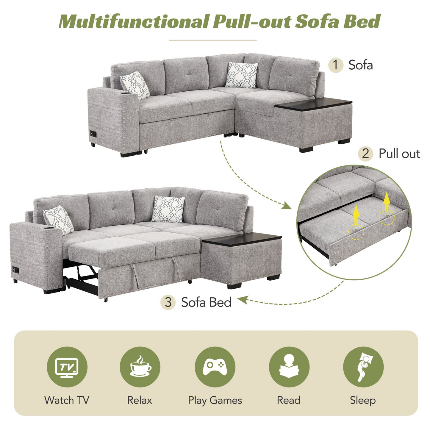 83.8" Sectional Pull-Out Sofa Bed L-Shaped Corner Sofa Couch with Storage Chaise, USB Ports, Power Sockets, Cup Holder - Light Gray