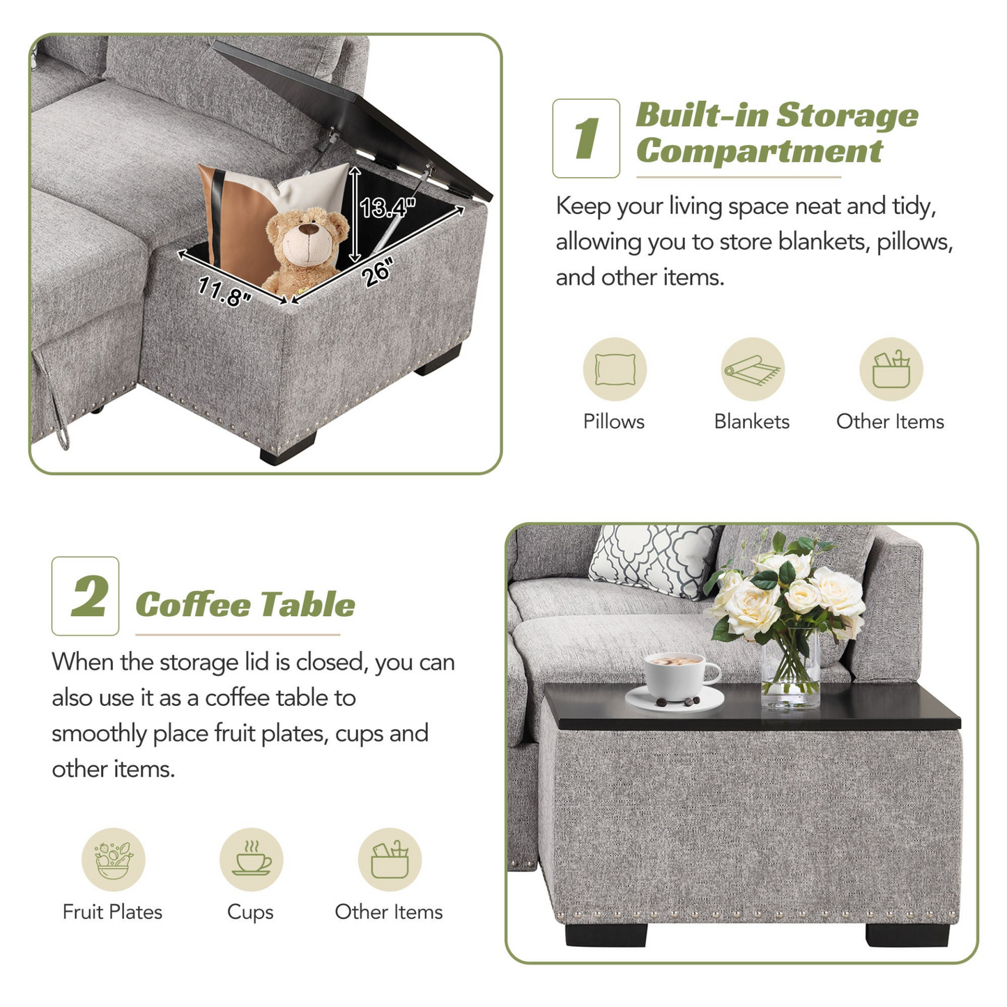 83.8" Sectional Pull-Out Sofa Bed L-Shaped Corner Sofa Couch with Storage Chaise, USB Ports, Power Sockets, Cup Holder - Light Gray